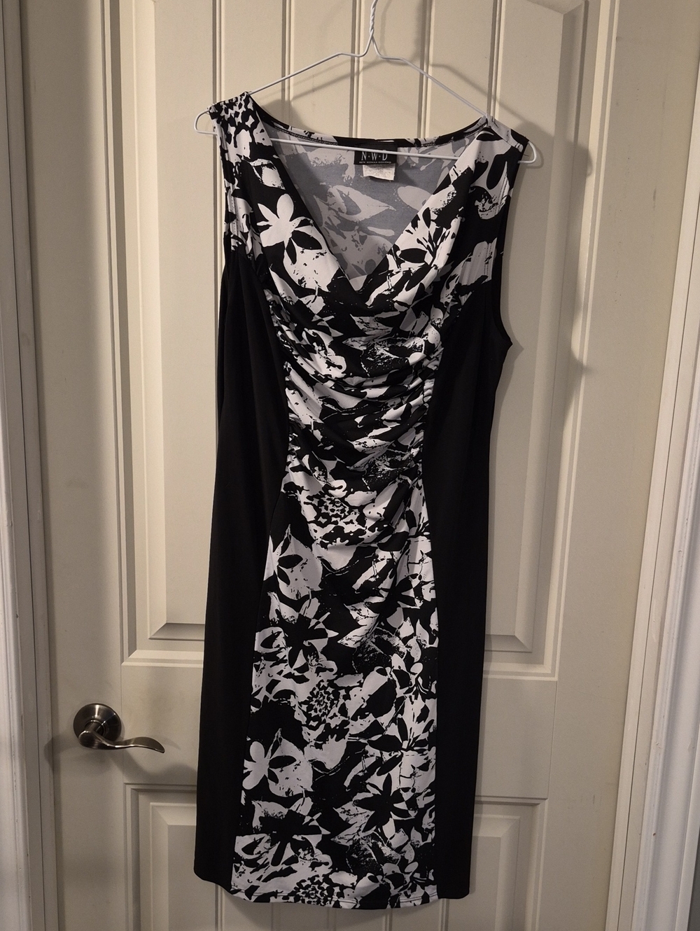 Black & White Floral Midi Dress with Cowl Neck